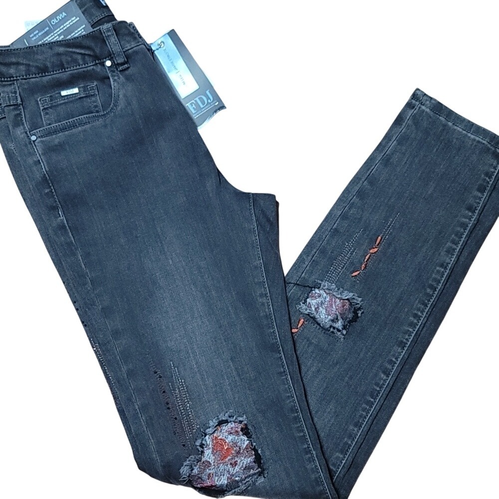 FDJ French Dressing Jeans Olivia Mid Rise Slim Leg‎ Charcoal Distressed 2 new